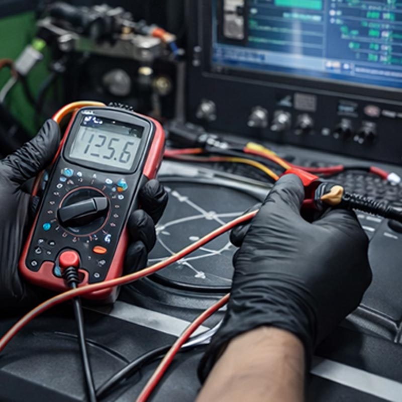 Professional technician following the common rail test bench maintenance guide on a digital Diesel Test Bench.