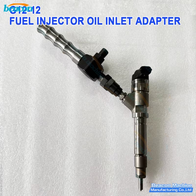 Universal fuel injector oil inlet adapter connected to a diesel injector for high pressure leak testing