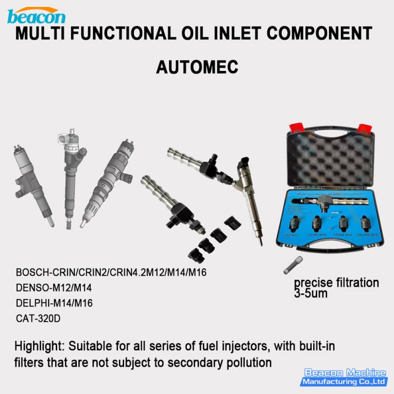 Technical infographic of G12-12 oil inlet component highlighting built-in 3-5um precise filtration