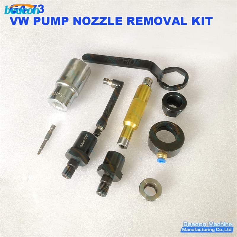Close-up detail of Volkswagen pump nozzle removal tools highlighting hardened steel construction.