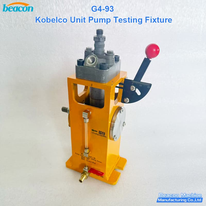 G4-93 Kobelco unit pump testing fixture side view with manual control lever and oil level sight glass. G4-93 Kobelco unit pump testing fixture side view with manual control lever and oil level sight glass.