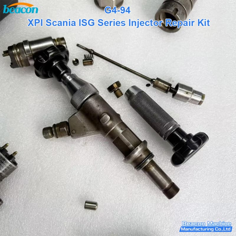 Full assembly of G4-94 repair tools shown with Scania ISG series injector units.