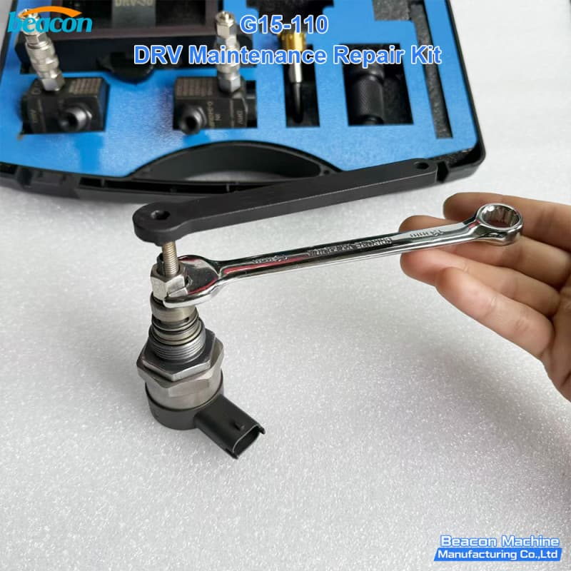G15-110 DRV valve repair tool assembly demonstrating the grinding process with a manual wrench. G15-110 DRV valve repair tool assembly demonstrating the grinding process with a manual wrench.