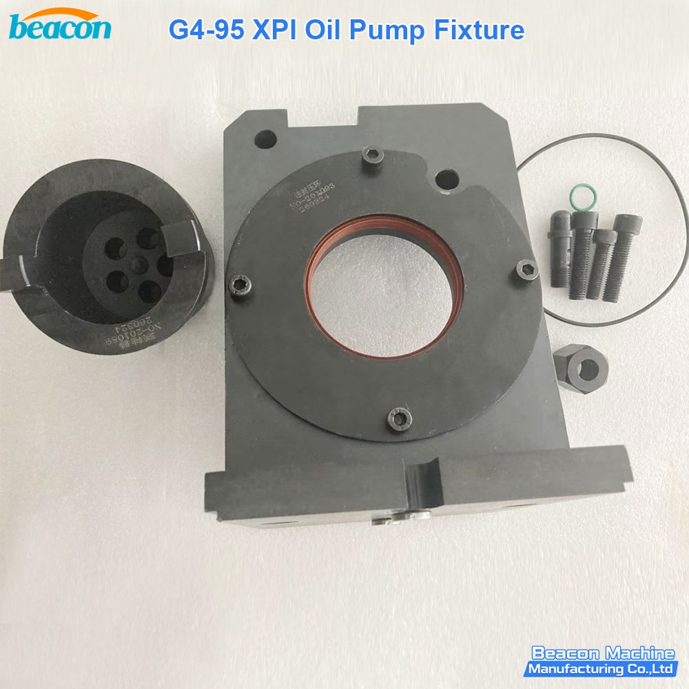 G4-95 XPI oil pump testing fixture components with specialized mounting block and high-tensile bolts.