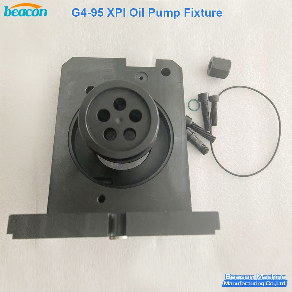 Heavy duty Scania engine oil pump repair fixture assembly for high-pressure testing stand integration.