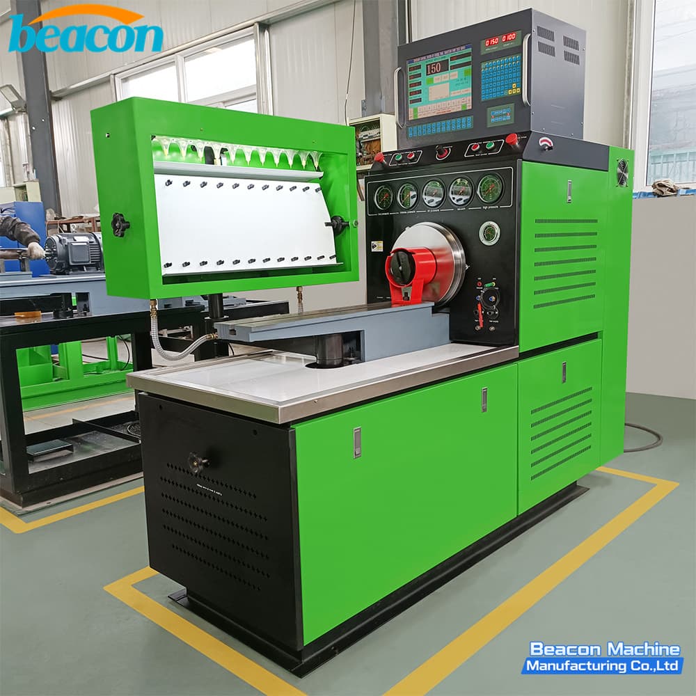 Mechanical pump tester with blue exterior and 12-cylinder glass graduates