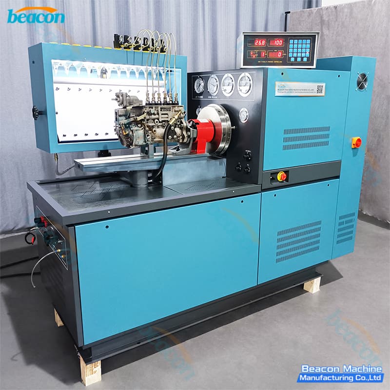 BEACON MACHINE blue diesel injection pump test bench calibrating an inline mechanical pump. BEACON MACHINE blue diesel injection pump test bench calibrating an inline mechanical pump.