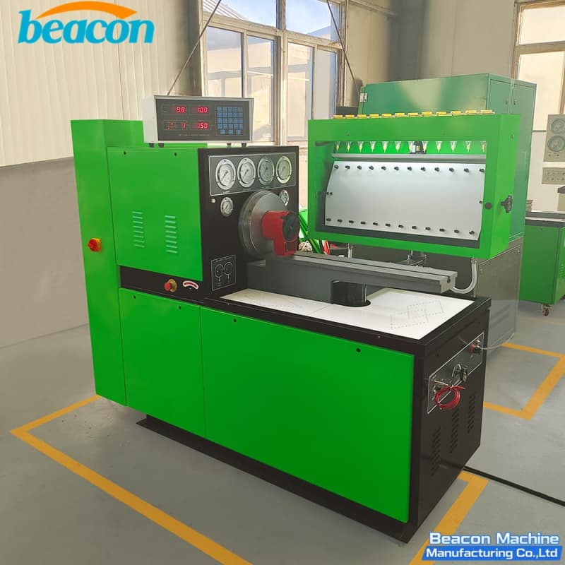 Green 12 cylinder mechanical pump tester measuring fuel delivery through precise glass graduates.