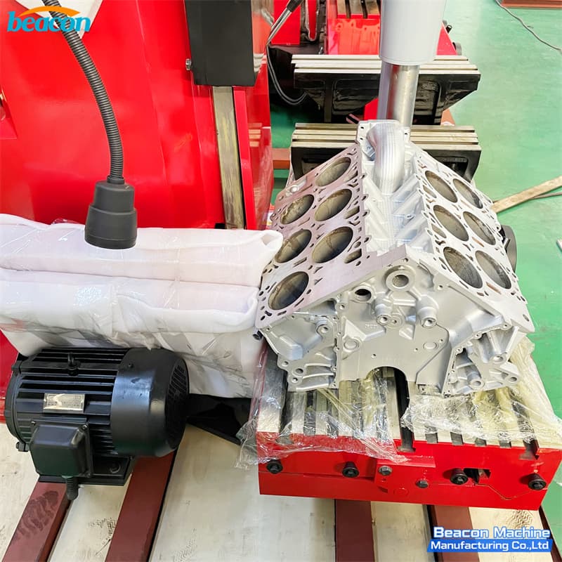 V-type engine block mounted on T8018B vertical cylinder boring tool