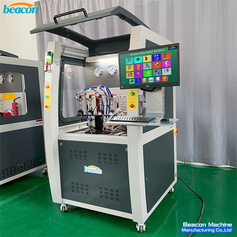 Multi-channel common rail injector test bench with open protective hatch showing 4-injector testing capability.