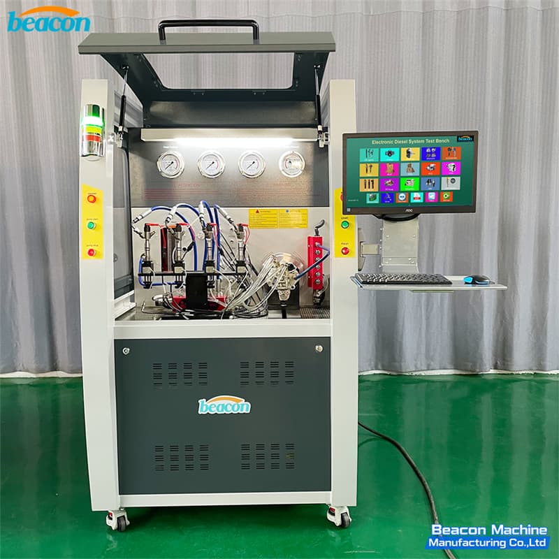 Fully automatic diesel fuel system calibration machine with integrated pressure gauges and software interface.