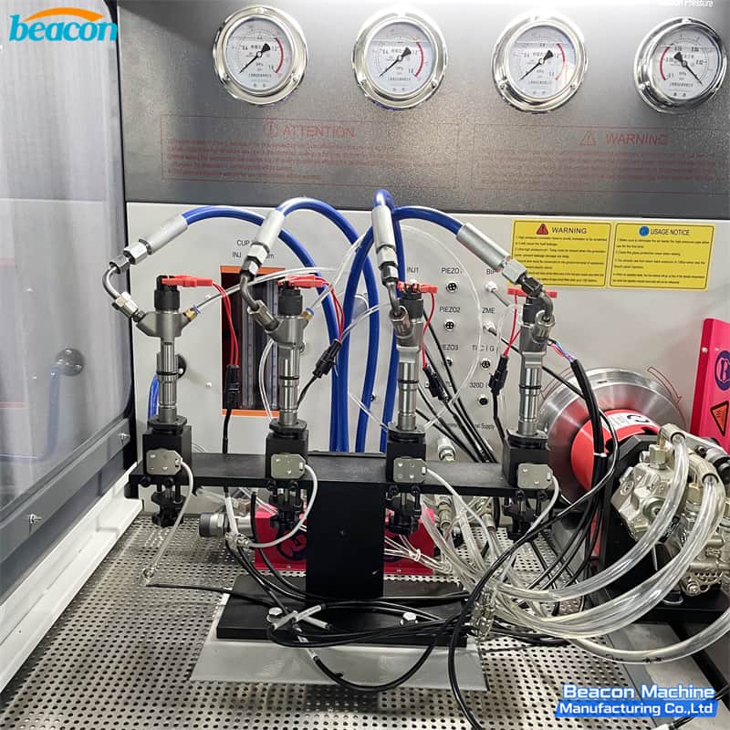 Simultaneous testing of four common rail injectors on Beacon Machine high-precision diagnostic bench.