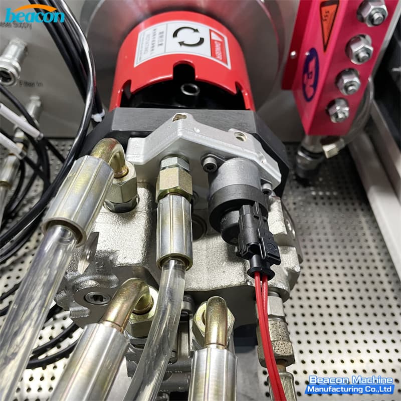 Heavy duty common rail pump drive assembly and mechanical coupling inside diesel test station.