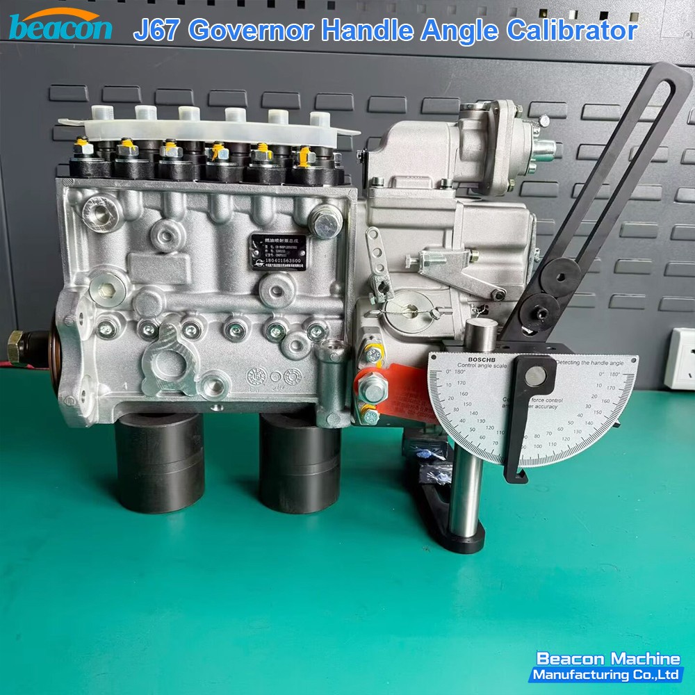 J67 angle calibrator tool mounted on a mechanical fuel injection pump for calibration.