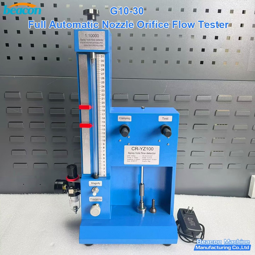 BEACON MACHINE G10-30 full automatic nozzle orifice flow tester front view.