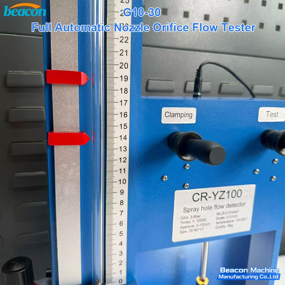Detailed graduated glass flow meter scale on G10-30 nozzle flow tester.