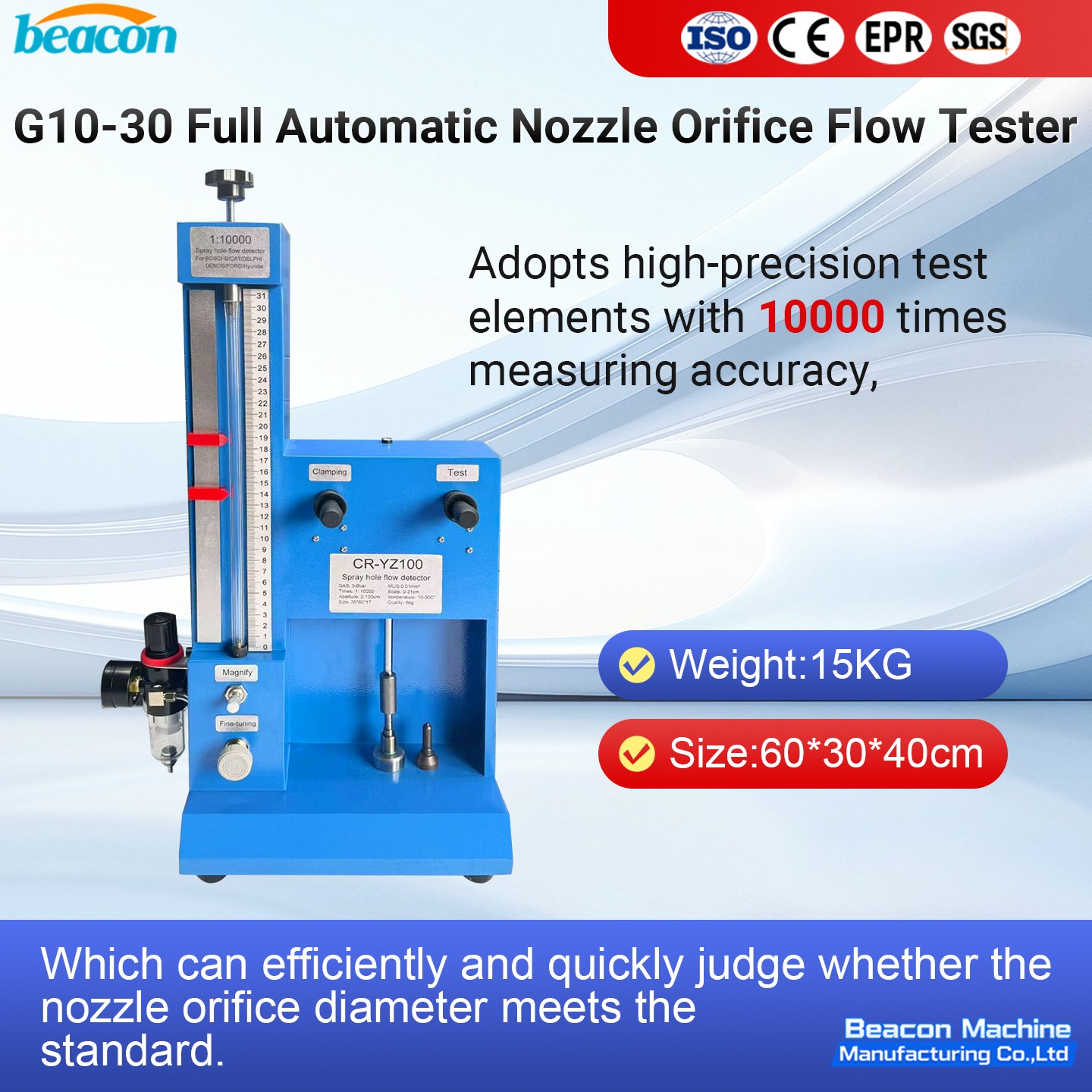 Product infographic for BEACON MACHINE G10-30 flow tester highlighting size and weight.