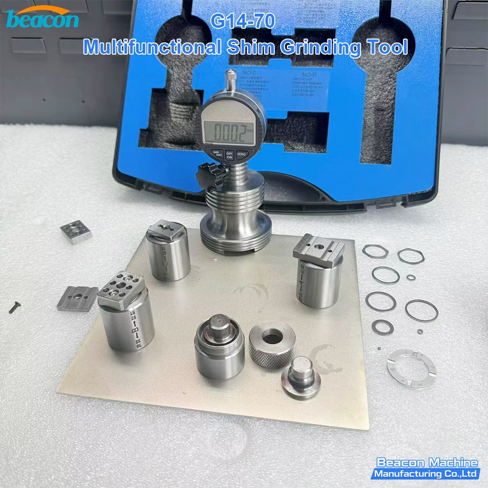 BEACON MACHINE G14-70 multifunctional shim grinding tool components overview on steel plate.