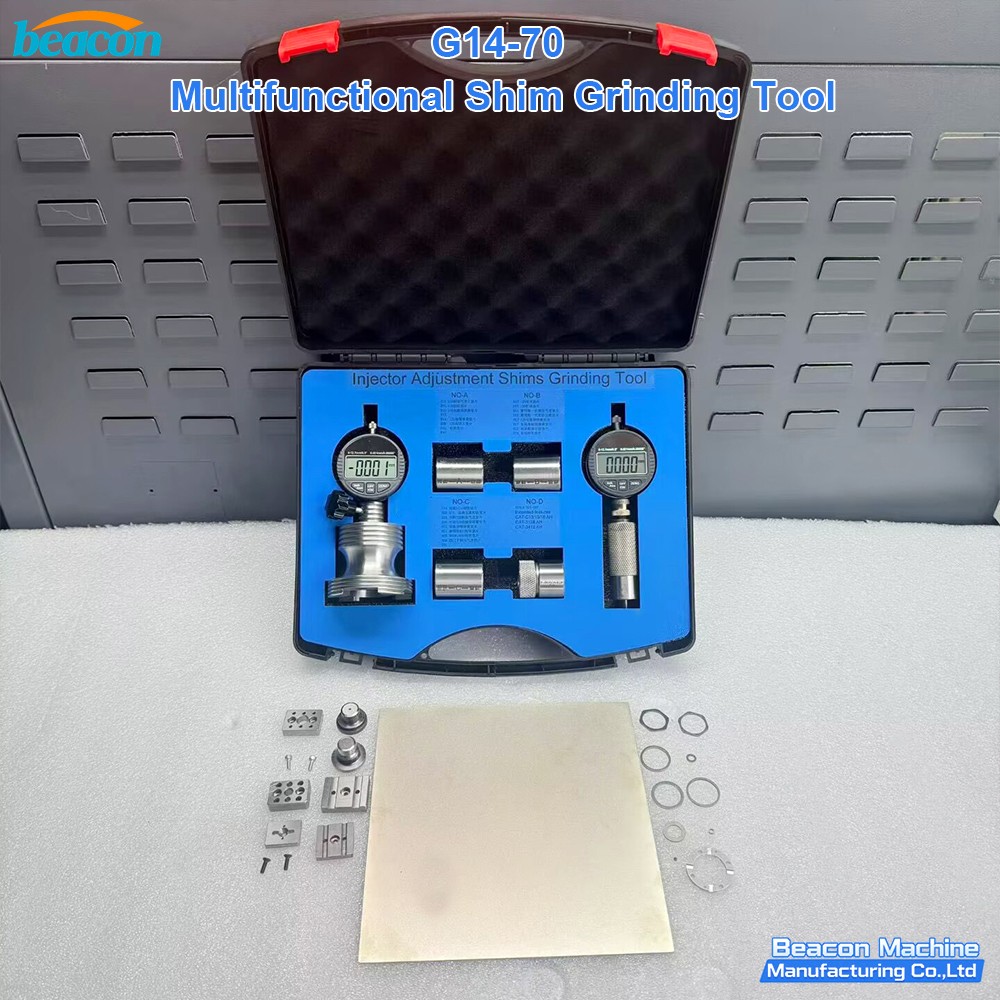 Professional G14-70 common rail shim grinding kit stored in blue foam carrying case.