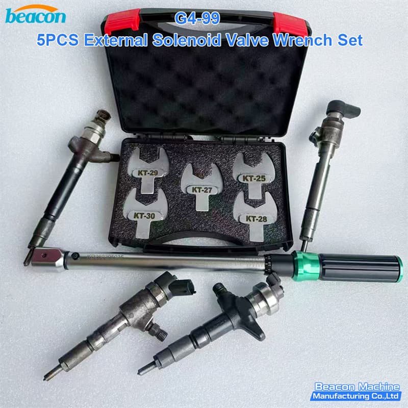 Full layout of G4-99 specialized diesel injector service components and adjustable torque wrench.