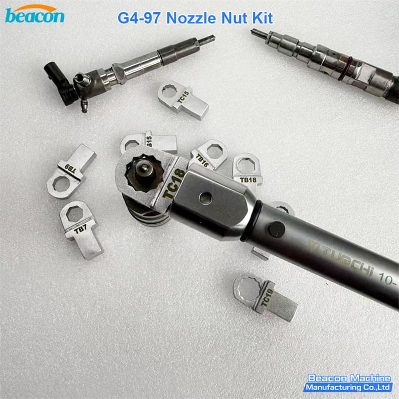 Detailed view of TC18 and TB15 interchangeable crowsfoot heads for nozzle nuts
