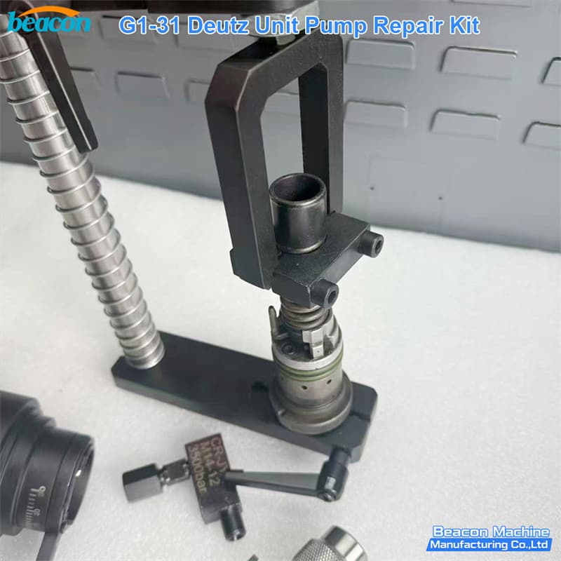 G1-31 specialized diesel unit pump maintenance tools assembly on workbench.