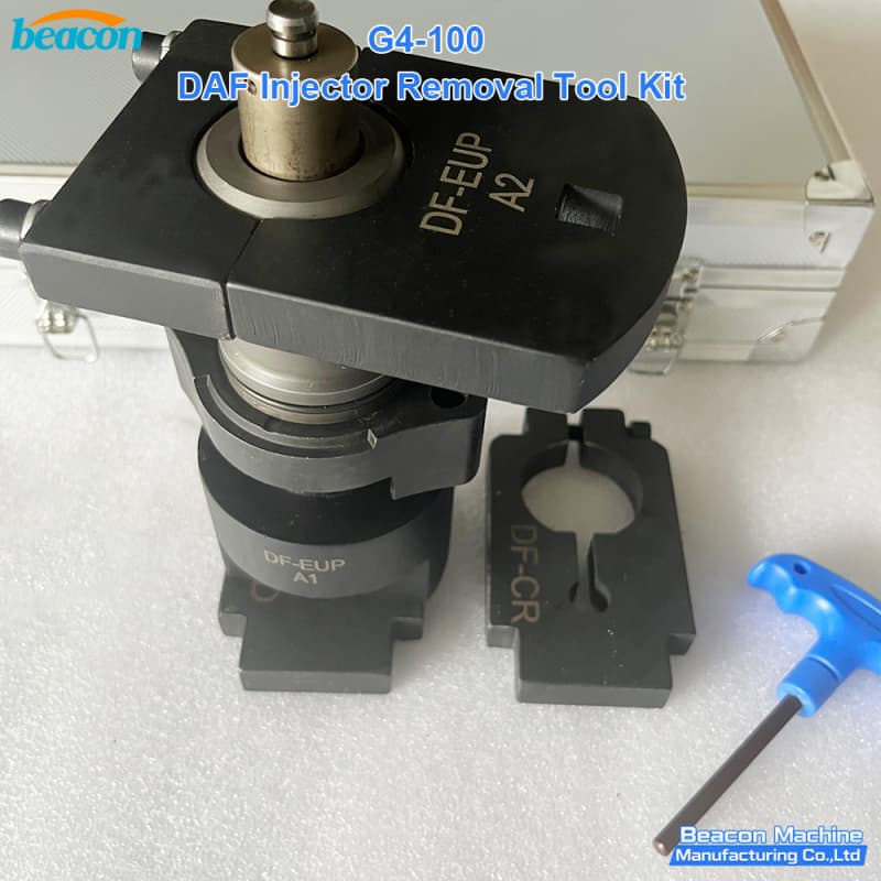 BEACON MACHINE G4-100 DAF injector removal tool kit in a protective aluminum carrying case