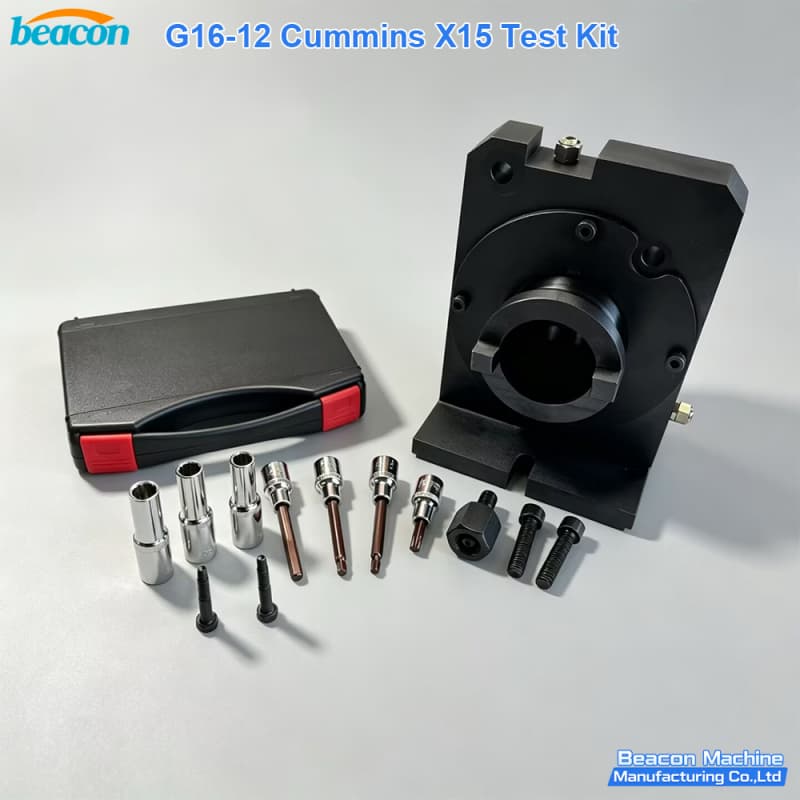 Components of Cummins X15 fuel pump diagnostic kit showing precision-machined adapters and storage case