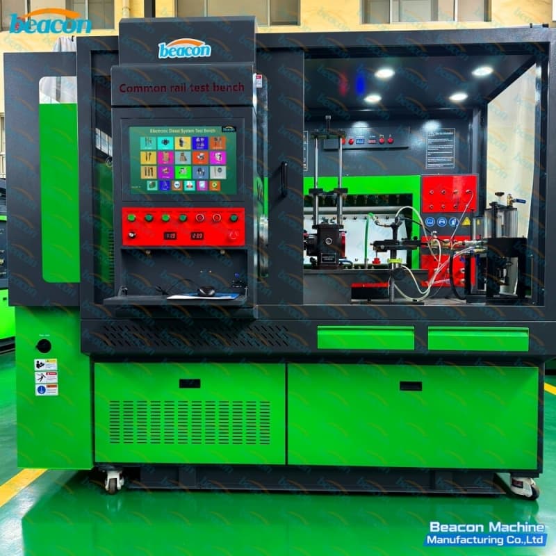 Front working view with sliding safety door open displaying multi-system injector mounts and fuel return lines.