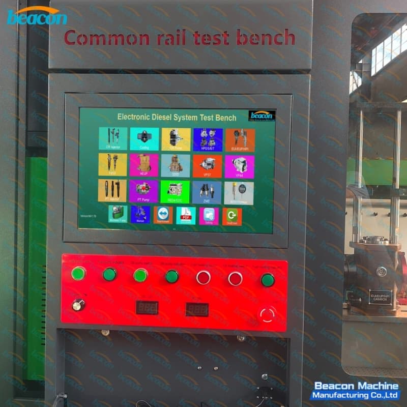 Close-up of the industrial touchscreen interface displaying diagnostic software options and electronic control buttons.