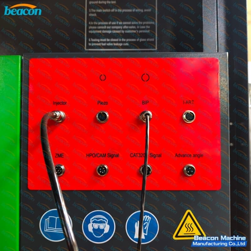 Electronic signal connection panel with quick-coupling ports for Piezo, BIP, I-ART, and CAT320D testing channels.