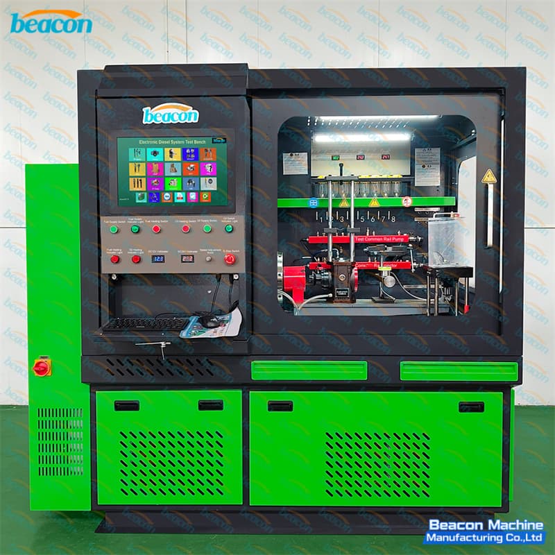 Front view of the CR910 multi-function diesel test bench featuring touchscreen monitor and safety test chamber.