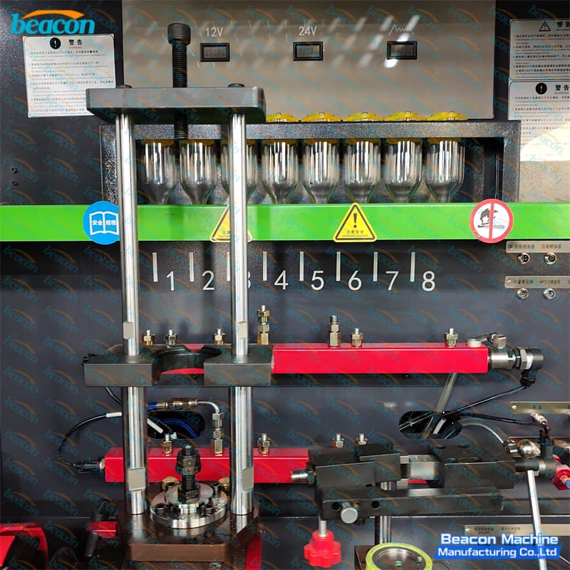 Close-up of the industrial touchscreen terminal running multi-brand diagnostic calibration software.