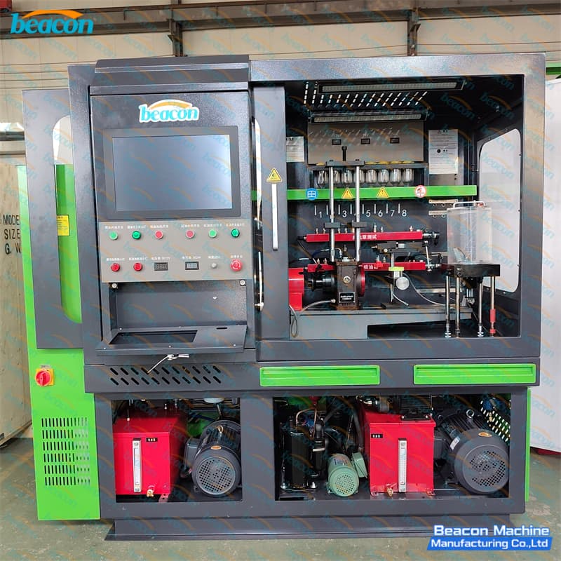 Modular HEUI testing station inside the working chamber displaying dual acrylic measurement cylinders.
