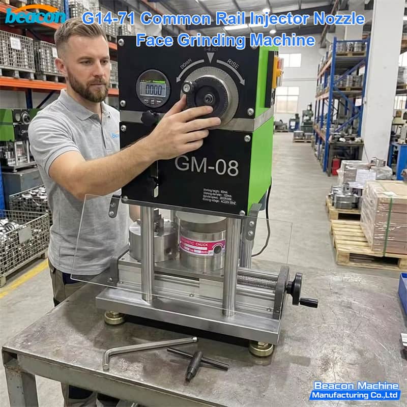 Workshop technician adjusting the precision micrometer feed wheel on the G14-71 common rail injector nozzle face grinding machine.