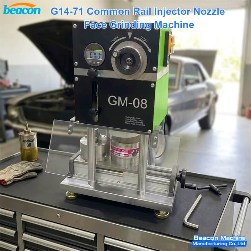 G14-71 GM-08 diesel nozzle resurfacing tool positioned on a professional mobile workshop workbench next to automotive equipment.