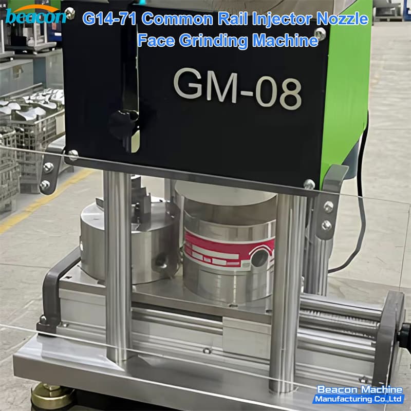 Detailed close-up of the G14-71 GM-08 grinding head assembly, dual guide pillars, and magnetic chuck mounting fixture.