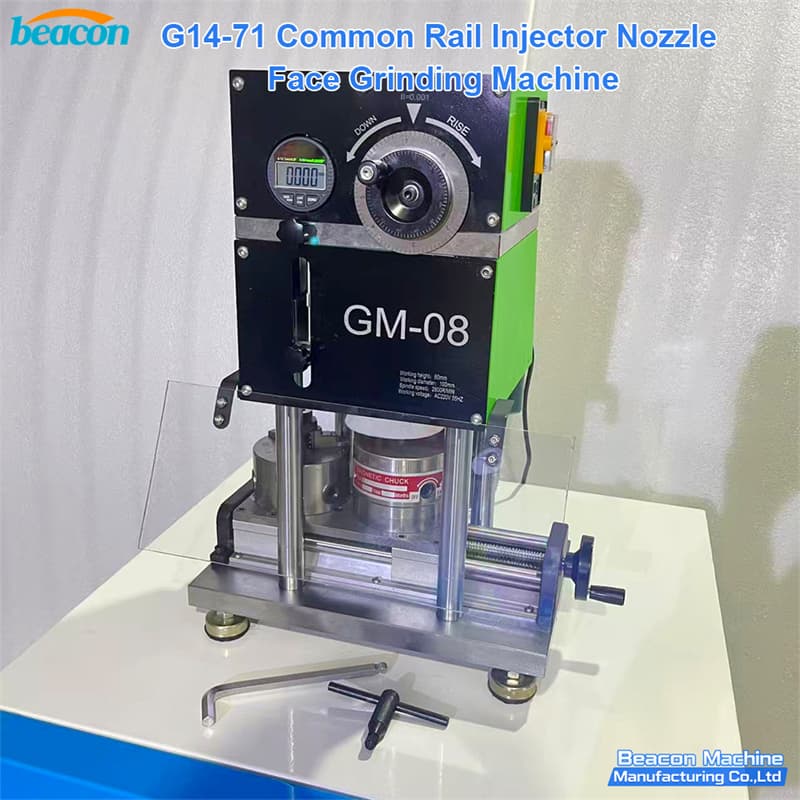 Complete floor-standing G14-71 GM-08 injector nozzle grinding station installed on a blue heavy-duty workshop storage cabinet.