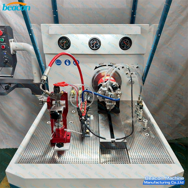 High-pressure testing chamber showing mounted common rail injector and CP3 pump setup on heavy-duty mounting bed