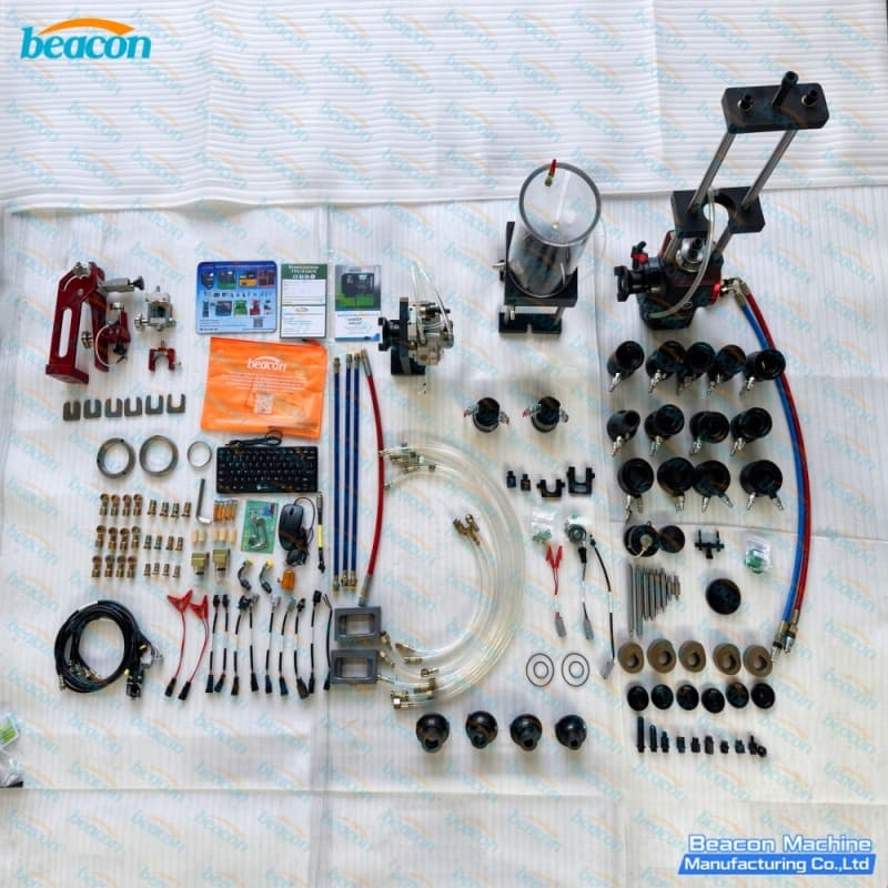 Complete accessory package including adapter sleeves, wiring harnesses, and high-pressure pipes for the BC810 test bench