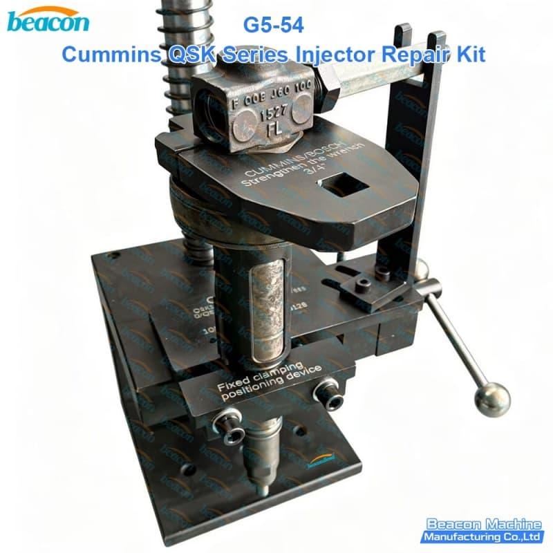 Rigid vertical disassembly stand clamping an industrial Cummins QSK19 fuel injector for high-torque servicing